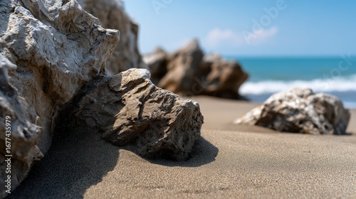 Close-up view of weathered rocks on a sandy beach, with a serene ocean backdrop.