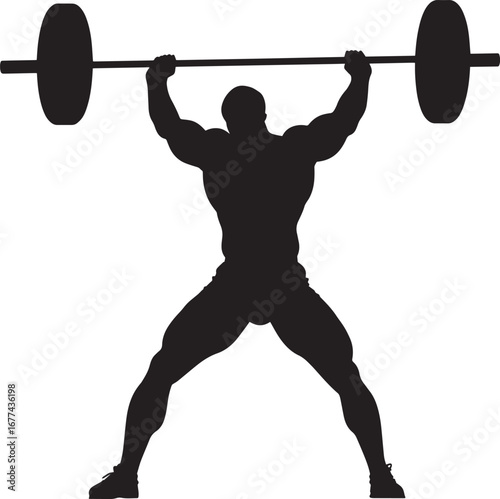 A lifter rapidly lifting the barbell from the ground to above the head in a single smooth motion, with arms fully extended. Full-length silhouette black vector illustration.