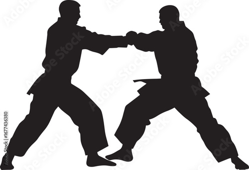 A figure performing a swift arm sweep to disrupt the opponent's balance and bring them down to the ground. Full-length silhouette black vector illustration.