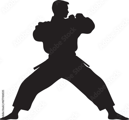 A martial artist One foot forward, back leg straight, hands in defensive or offensive position. full length silhouette black vector illustration