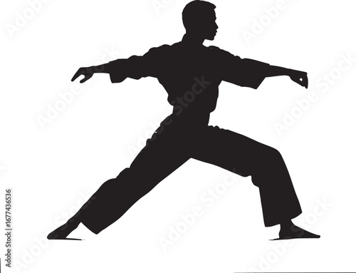 A martial artist Weight shifted to the back leg, front foot pointed outward, arms guarding. full length silhouette black vector illustration
