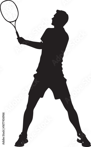 A badminton player positioned with one foot forward, holding the shuttlecock in one hand and the racket in the other. Full-length silhouette black vector illustration.