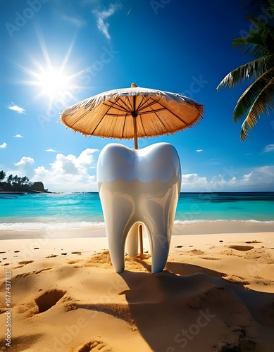 White Tooth Under Sunny Beach Umbrella by Ocean Shoreline