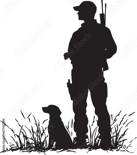 An individual in a relaxed stance, accompanied by a dog sitting attentively at their side. Full-length silhouette black vector illustration.
