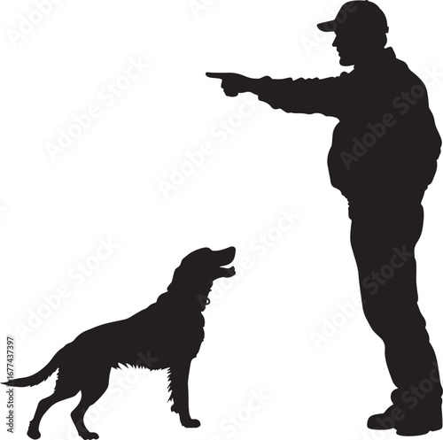 A hunter pointing forward, sending the dog to track prey. full length silhouette black vector illustration