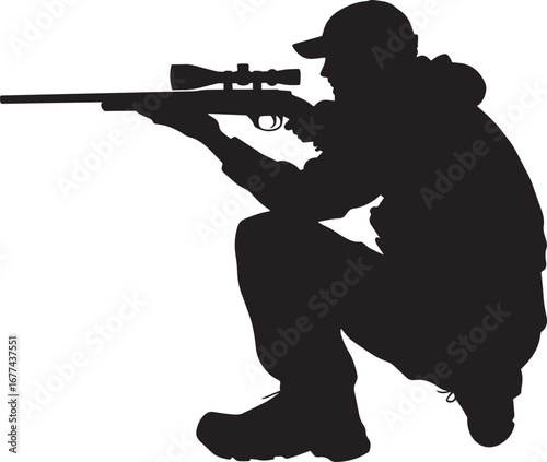 A hunter crouched on one knee, aiming forward. full length silhouette black vector illustration