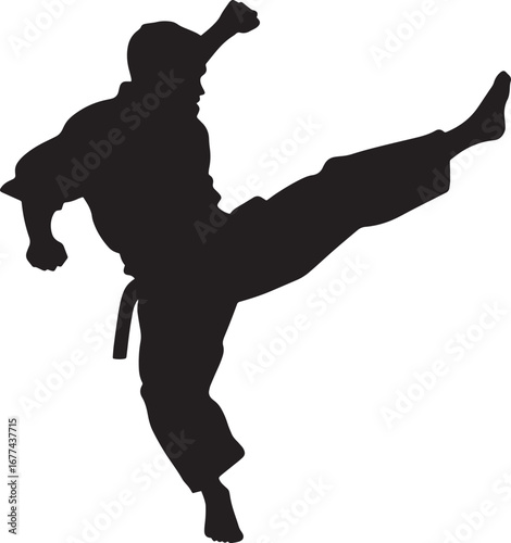 A silhouette of a martial artist airborne, leg extended in a dynamic and forceful kick. Full-length silhouette black vector illustration.