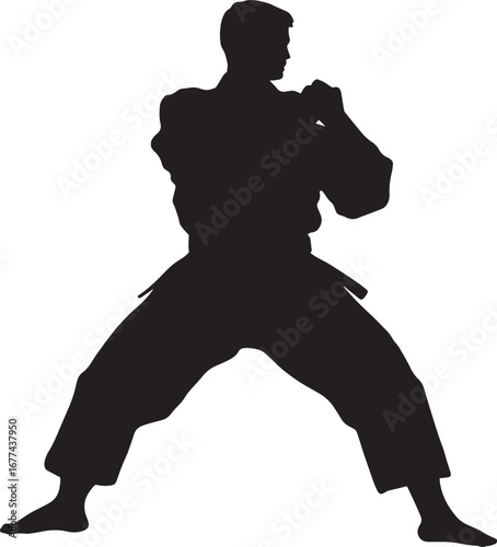 A wide-legged, low stance with fists at the waist. full length silhouette black vector illustration