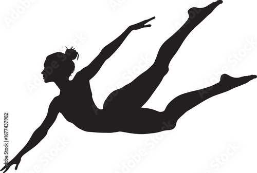 An individual executing a mid-air leap, with legs perfectly stretched in a split. Full-length silhouette black vector illustration.