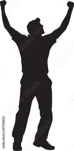 A bowler standing proudly, arms raised in joy after achieving a wicket. Full-length silhouette black vector illustration.
