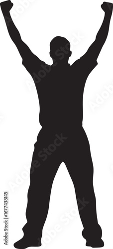 A figure of a bowler in mid-celebration, arms elevated high in a moment of victory after a successful delivery. Full-length silhouette black vector illustration.