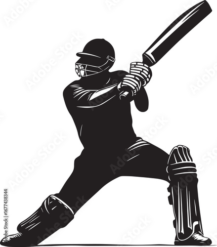 Big Six Cricket sport pose A batter finishing a massive shot, bat fully extended. full length silhouette black vector illustration