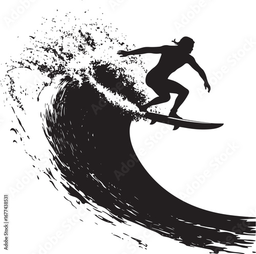 A surfer riding along the top of a breaking wave. full length silhouette black vector illustration