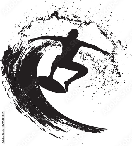 A surfer rotating the board in a full circle on the wave. full length silhouette black vector illustration
