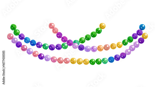 Mardi Gras beads in traditional colors. Decorative glossy realistic elements. Isolated on transparent background.Vector illustration .Beads template.icon
