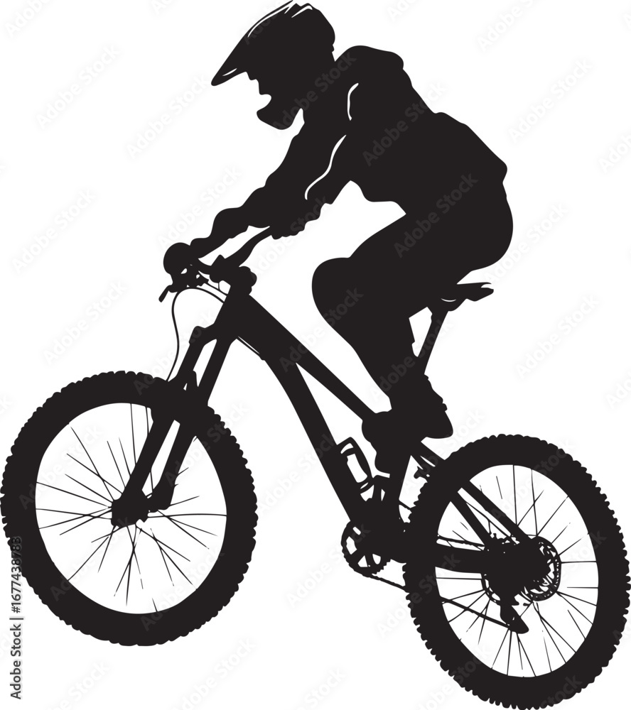 Fototapeta premium Jumping Cyclist A rider mid-air, bike tilted at an angle, preparing to land. full length silhouette black vector illustration