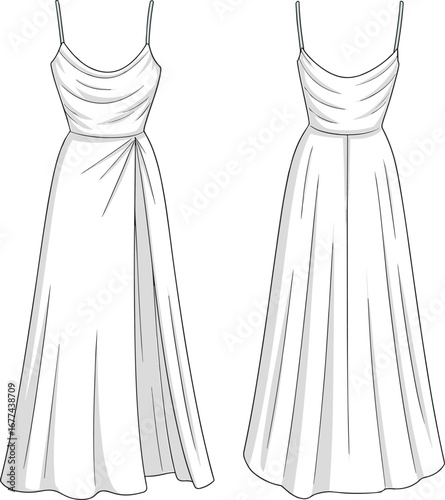 Elegant women's sleeveless maxi dress fashion flat sketch showing front and back views for technical apparel design vector illustration.