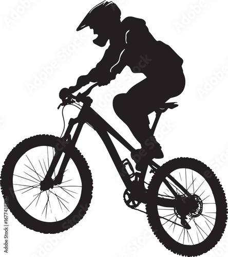Jumping Cyclist A rider mid-air, bike tilted at an angle, preparing to land. full length silhouette black vector illustration