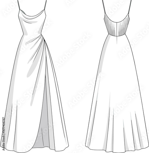 Elegant women’s sleeveless maxi dress flat sketch showing front and back views, perfect for fashion design and apparel vector templates.