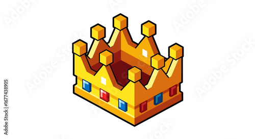 Golden royal crown with red and blue jewels, isometric illustration of a king's crown