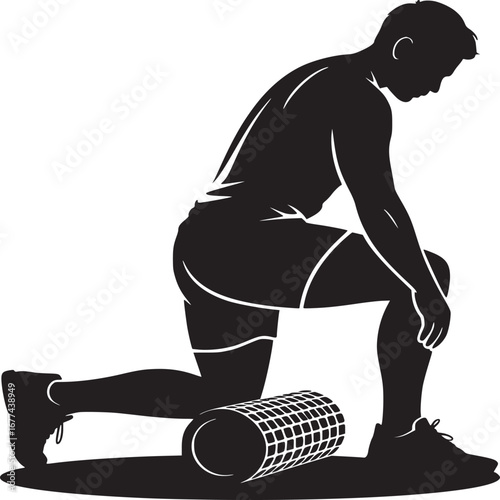 Silhouette of a man using a foam roller on his leg for muscle recovery and physical therapy routine