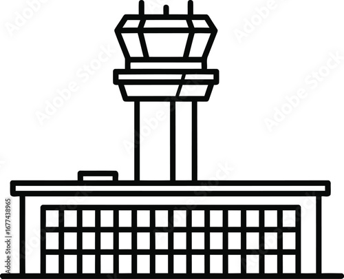 Illustration of an airport control tower with a unique design and structure