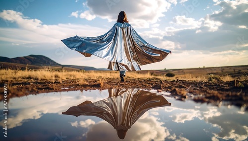 Woman in Silver Cape Walking Away with Reflection in Water