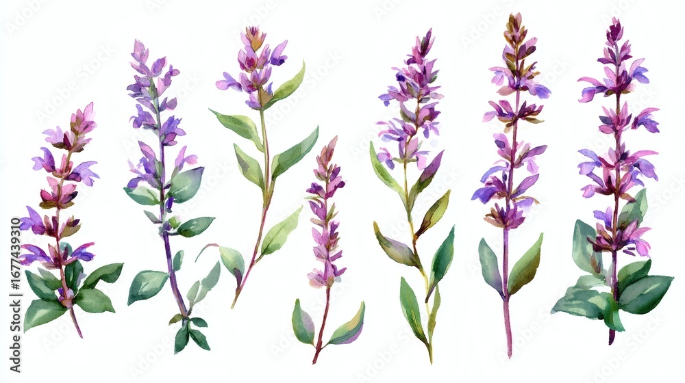 Obraz premium A collection of watercolor illustrations of purple flowers with green leaves