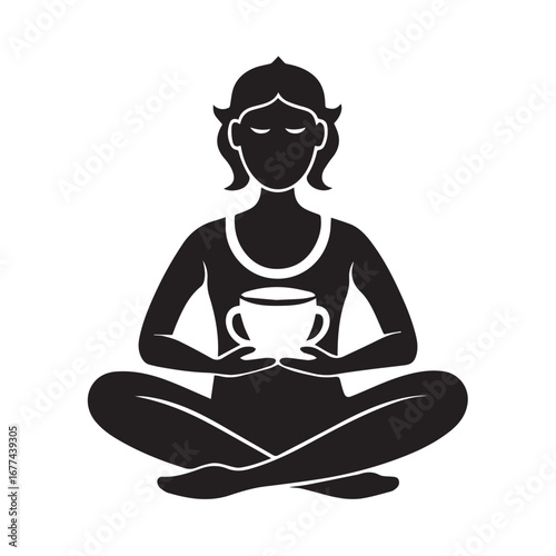 Silhouette of a woman meditating in a lotus pose holding a cup of coffee or tea, isolated on white background
