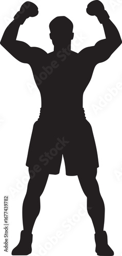 Boxing Victory Fighter raising fists in triumph, black vector art.