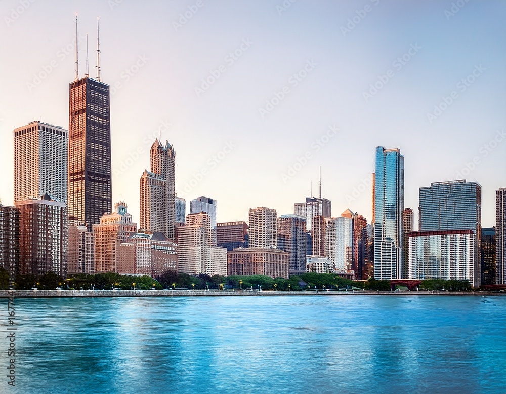 Obraz premium chicago skyline river view drawing architectural cityscape