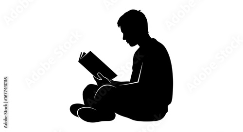 Silhouette of a young person sitting cross-legged on the ground engrossed in reading a book, fostering knowledge and imagination