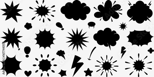 Collection of black comic book style speech bubbles explosions stars and lightning bolts