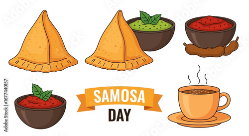 Samosa Day celebration with a cup of coffee and traditional Indian snacks, a vibrant illustration