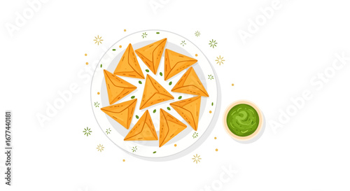 Delicious golden brown triangles of samosas served on a white plate with a side of green chutney dip, perfect for a snack or appetizer