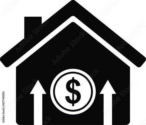 Vector art of house with dollar sign and upward arrows, representing real estate market growth