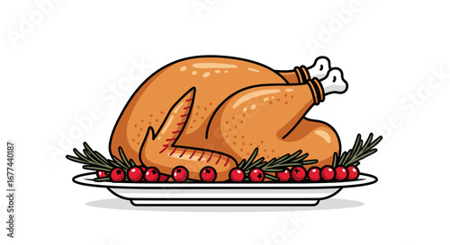 A perfectly roasted whole turkey adorned with cranberries and rosemary, presented on a white platter