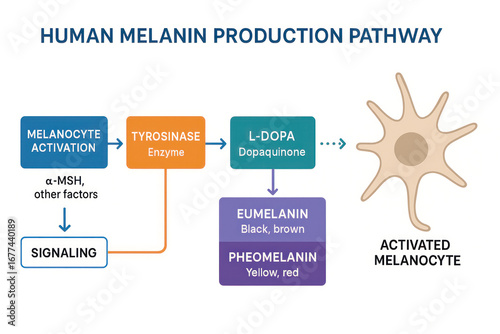 Human Melanin Production Pathway Diagram: Illustration of melanocyte activation, signaling, and melanin formation.