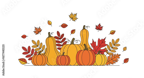 A collection of pumpkins and autumn leaves arranged in a festive illustration, showcasing fall colors.