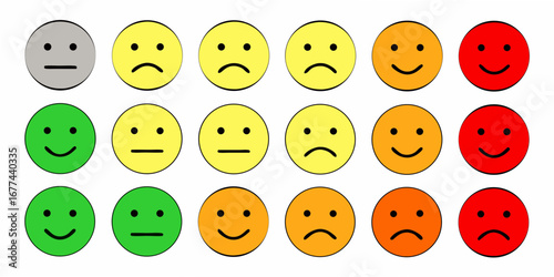 Collection of colorful smiley face icons representing different emotions and satisfaction levels