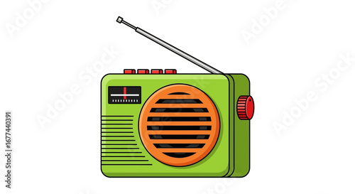 A stylized illustration of a vintage green portable radio with orange accents.