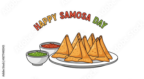 Illustration of samosas on a plate with two dipping sauces, celebrating "Happy Samosa Day.".