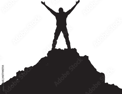 Summit Success Hiker standing at the peak with arms lifted in triumph, black vector art.