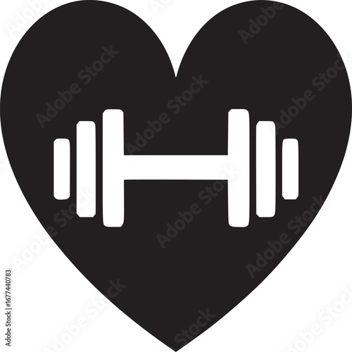 A black heart shape with a white barbell symbol centered within it on a white background space design