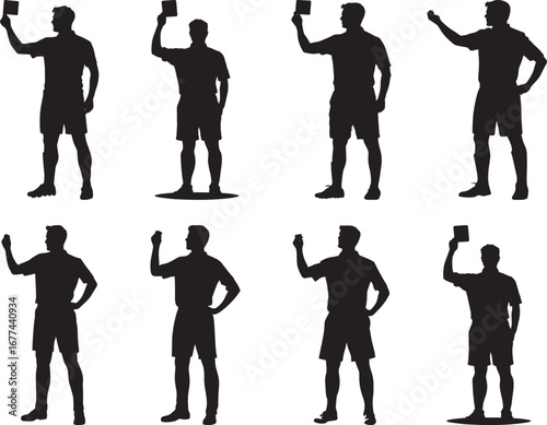 Referee holding a red card high in one hand, signaling a player's expulsion, full-length silhouette vector.
