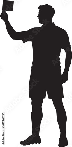 Referee holding a red card high in one hand, signaling a player's expulsion, full-length silhouette vector.