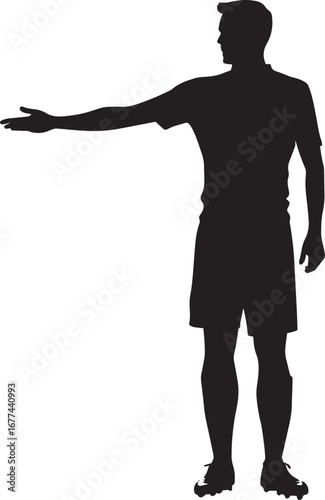 Official with arm extended horizontally, signaling the direction of the free kick, black silhouette.