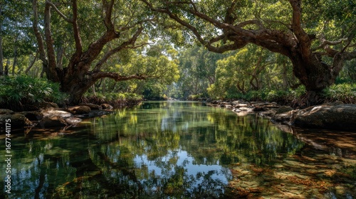 Tranquil forest stream reflecting canopy