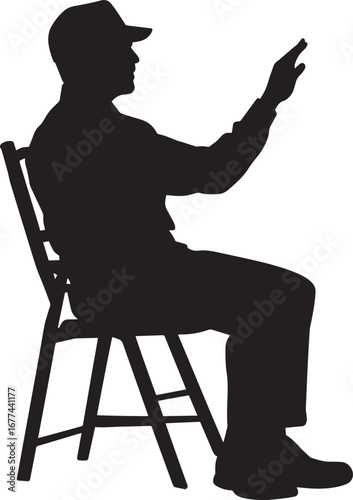 Umpire seated in the chair, one hand up to signal the start of the next game, black vector art.