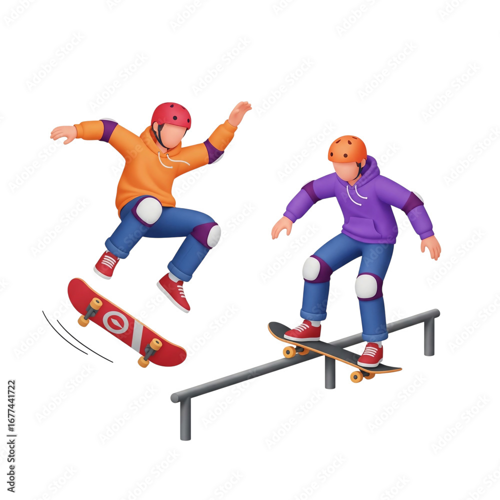 Obraz premium Dynamic 3D Skateboarders in Action A Vibrant Display of Skill and Urban Lifestyle